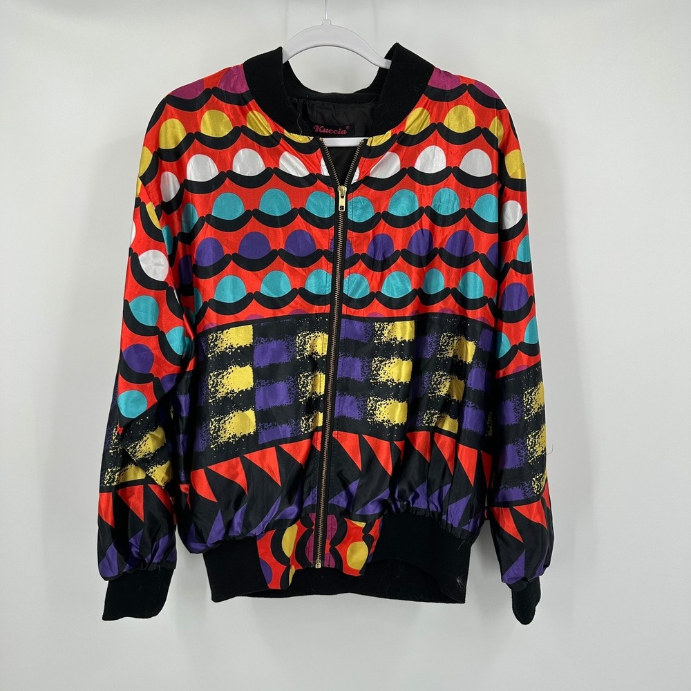 Kuccia Womens One Size Multicolor Hip Hop Artsy Abstract Zip Up Bomber Jacket